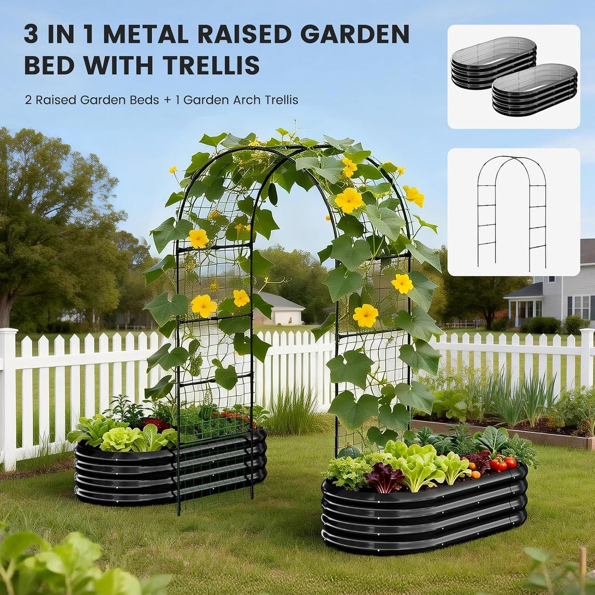 3 in 1 Galvanized Raised Garden Bed with 87" H Arch Trellis