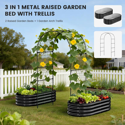3 in 1 Galvanized Raised Garden Bed with 87" H Arch Trellis