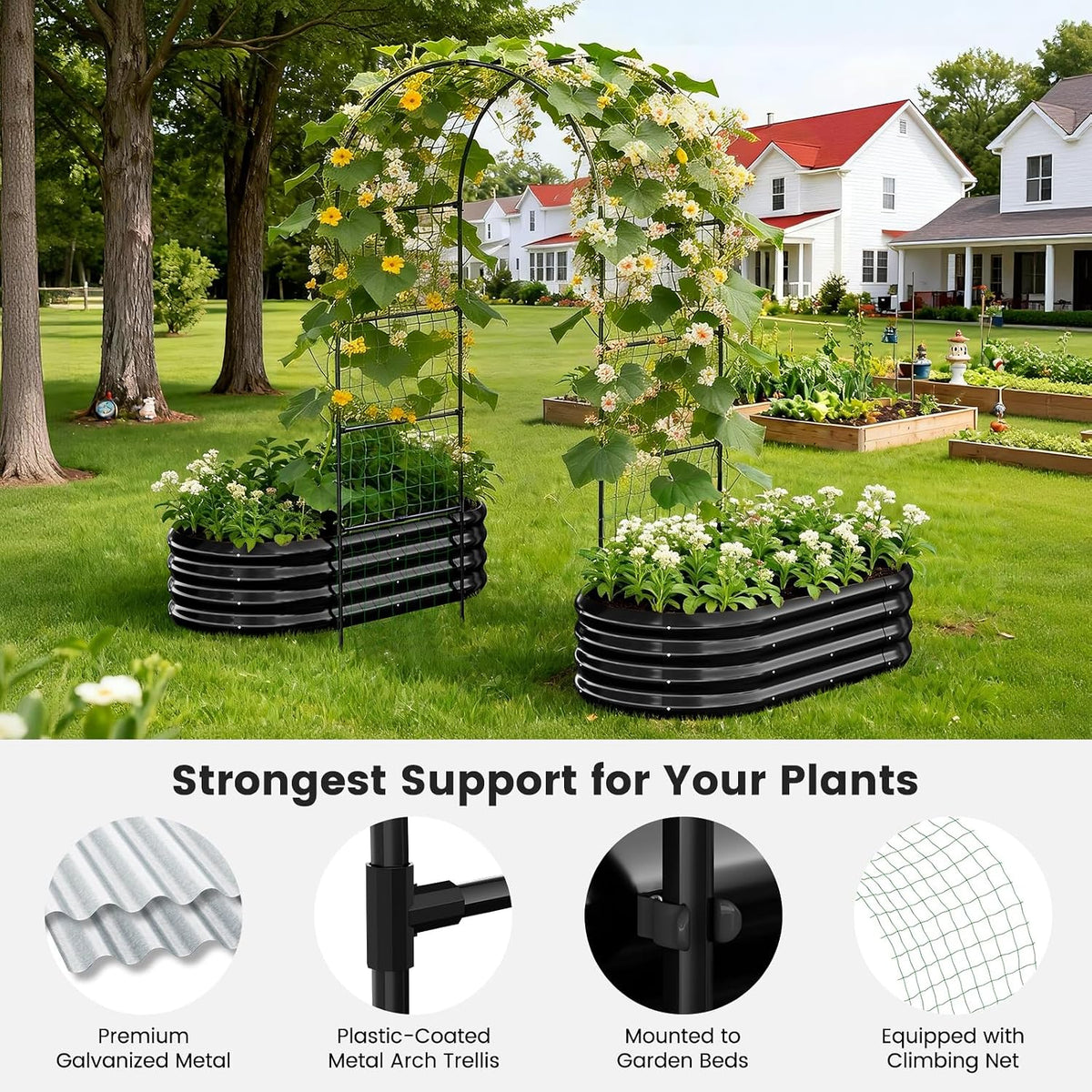 3 in 1 Galvanized Raised Garden Bed with 87" H Arch Trellis