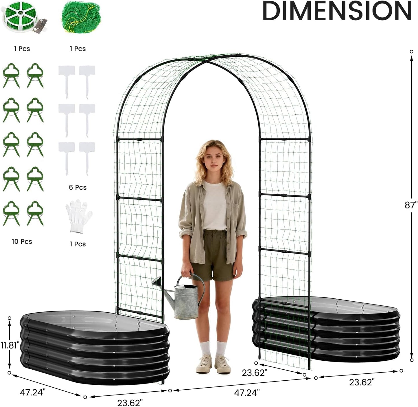 3 in 1 Galvanized Raised Garden Bed with 87" H Arch Trellis