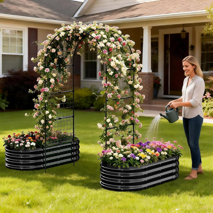 3 in 1 Galvanized Raised Garden Bed with 87" H Arch Trellis