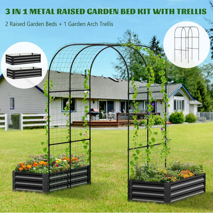 3 in 1 Galvanized Raised Garden Bed with 87" H Arch Trellis