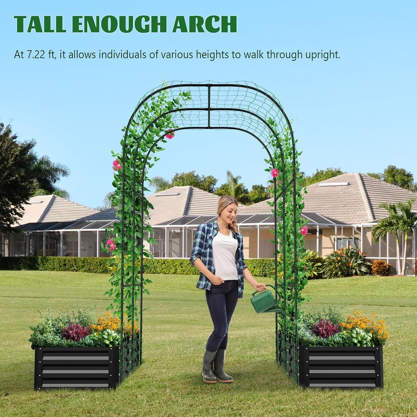 3 in 1 Galvanized Raised Garden Bed with 87" H Arch Trellis