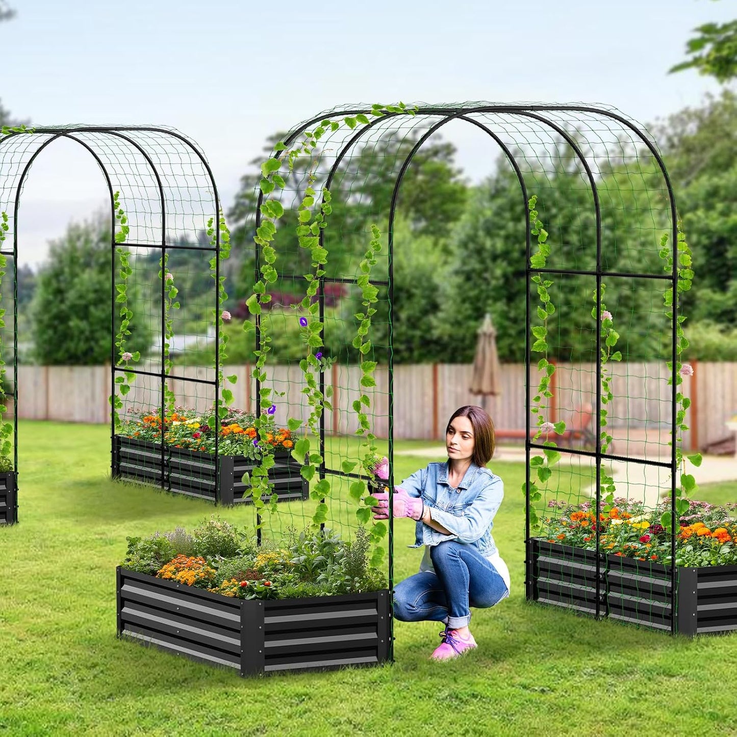 3 in 1 Galvanized Raised Garden Bed with 87" H Arch Trellis
