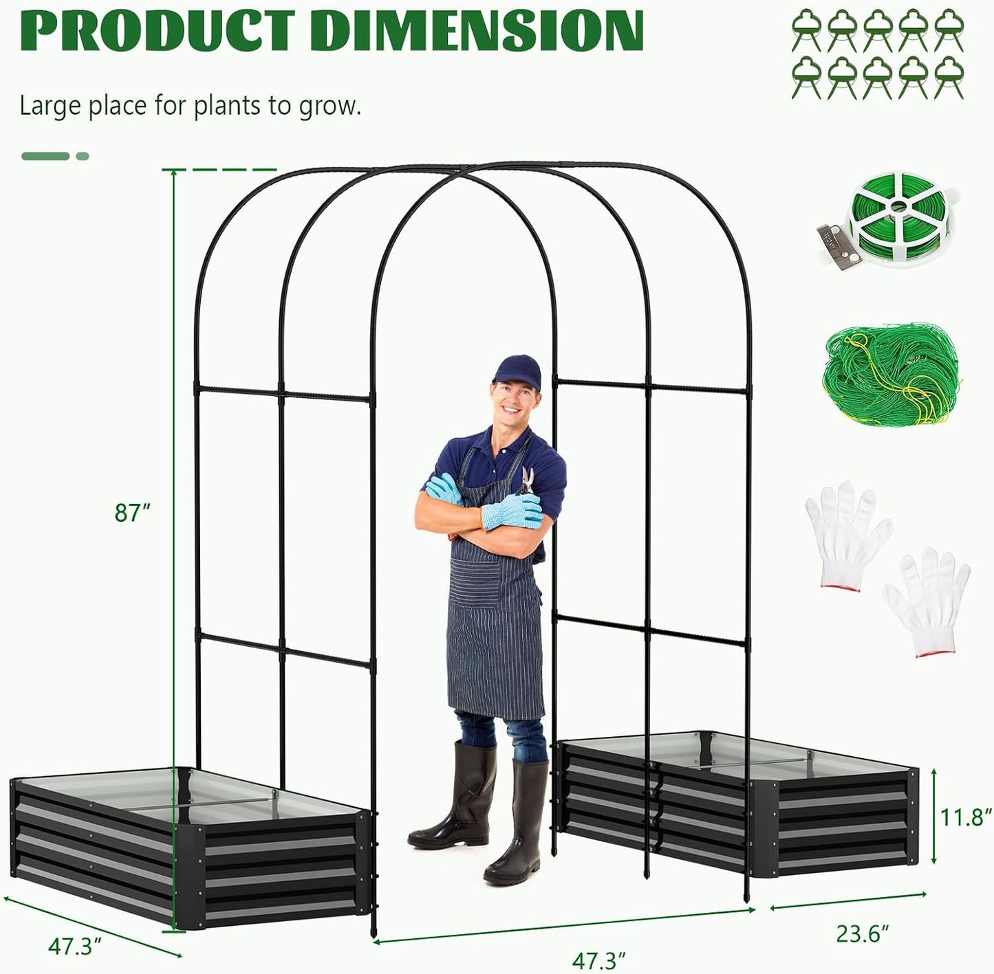 3 in 1 Galvanized Raised Garden Bed with 87" H Arch Trellis