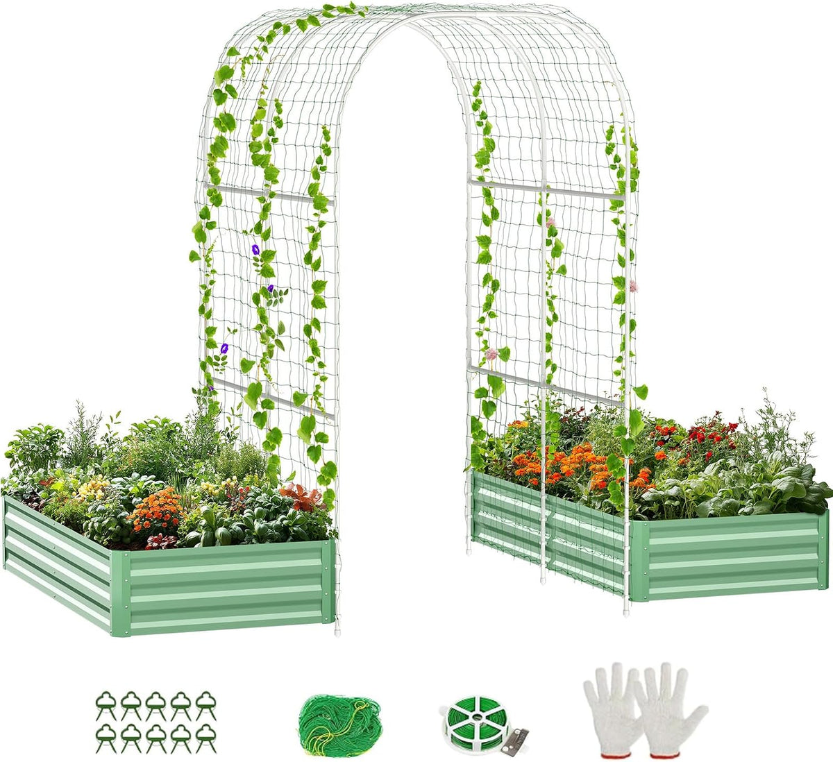3 in 1 Galvanized Raised Garden Bed with 87" H Arch Trellis