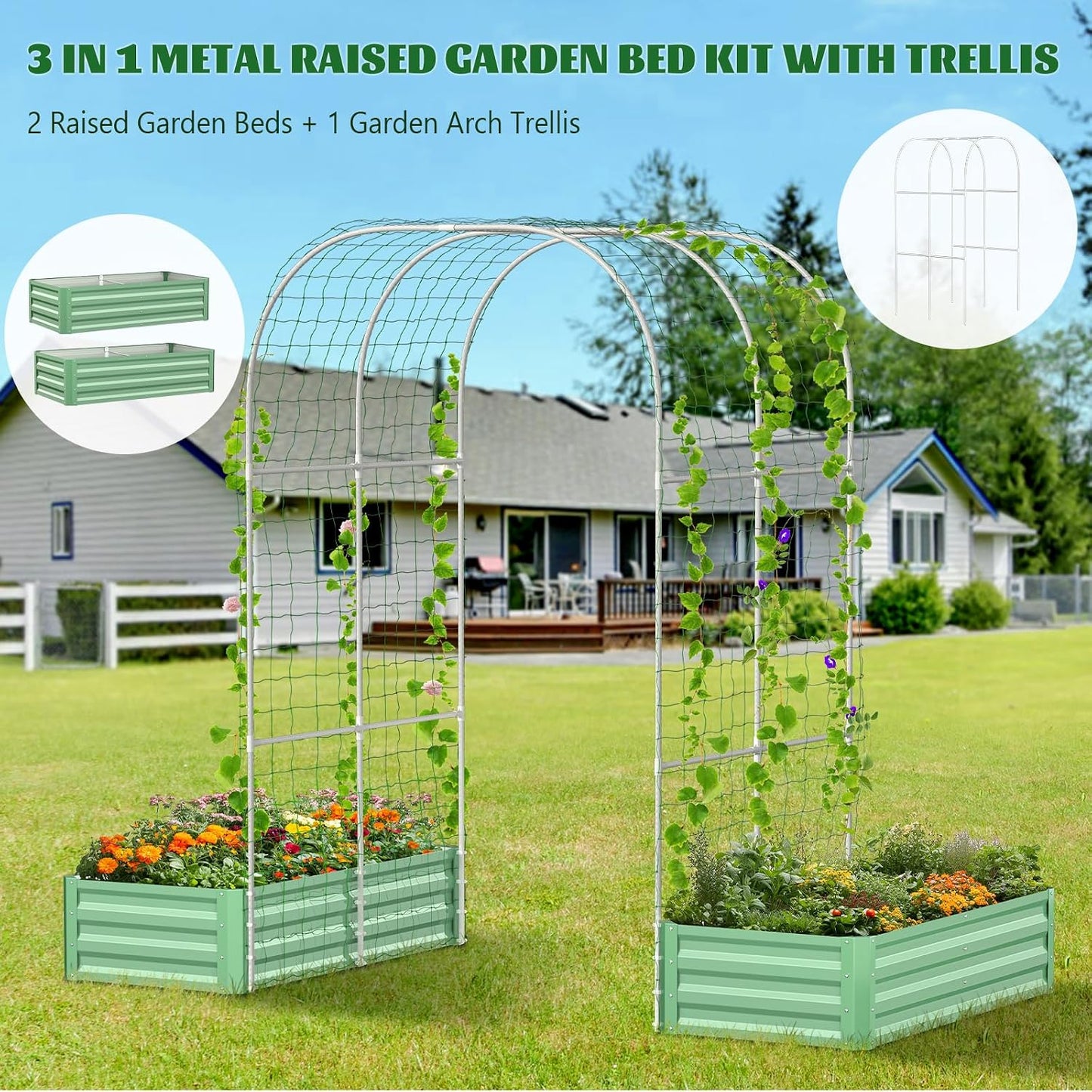 3 in 1 Galvanized Raised Garden Bed with 87" H Arch Trellis