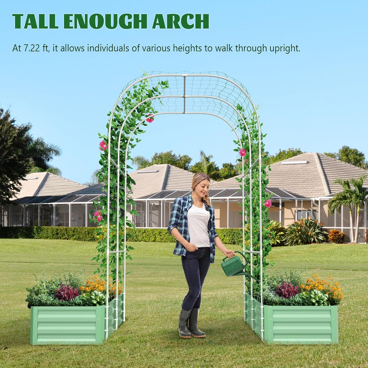 3 in 1 Galvanized Raised Garden Bed with 87" H Arch Trellis