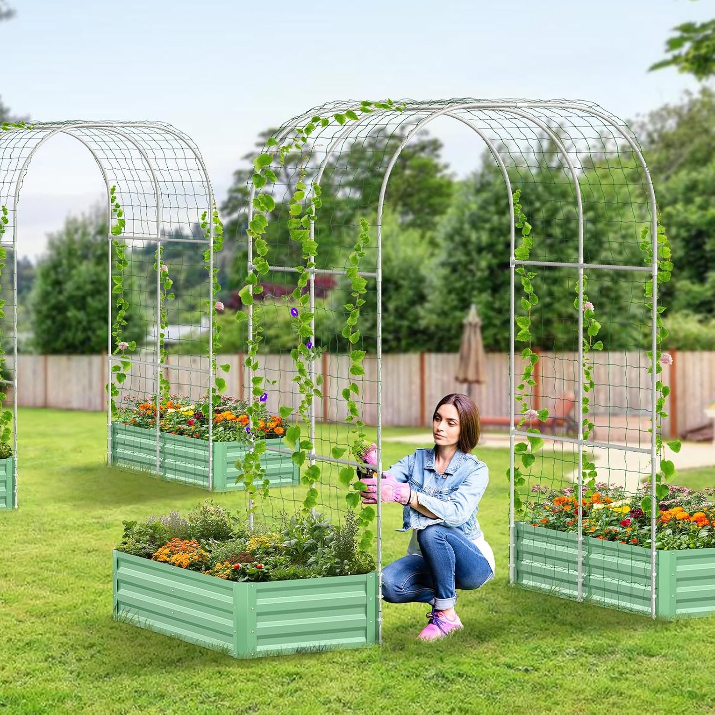 3 in 1 Galvanized Raised Garden Bed with 87" H Arch Trellis