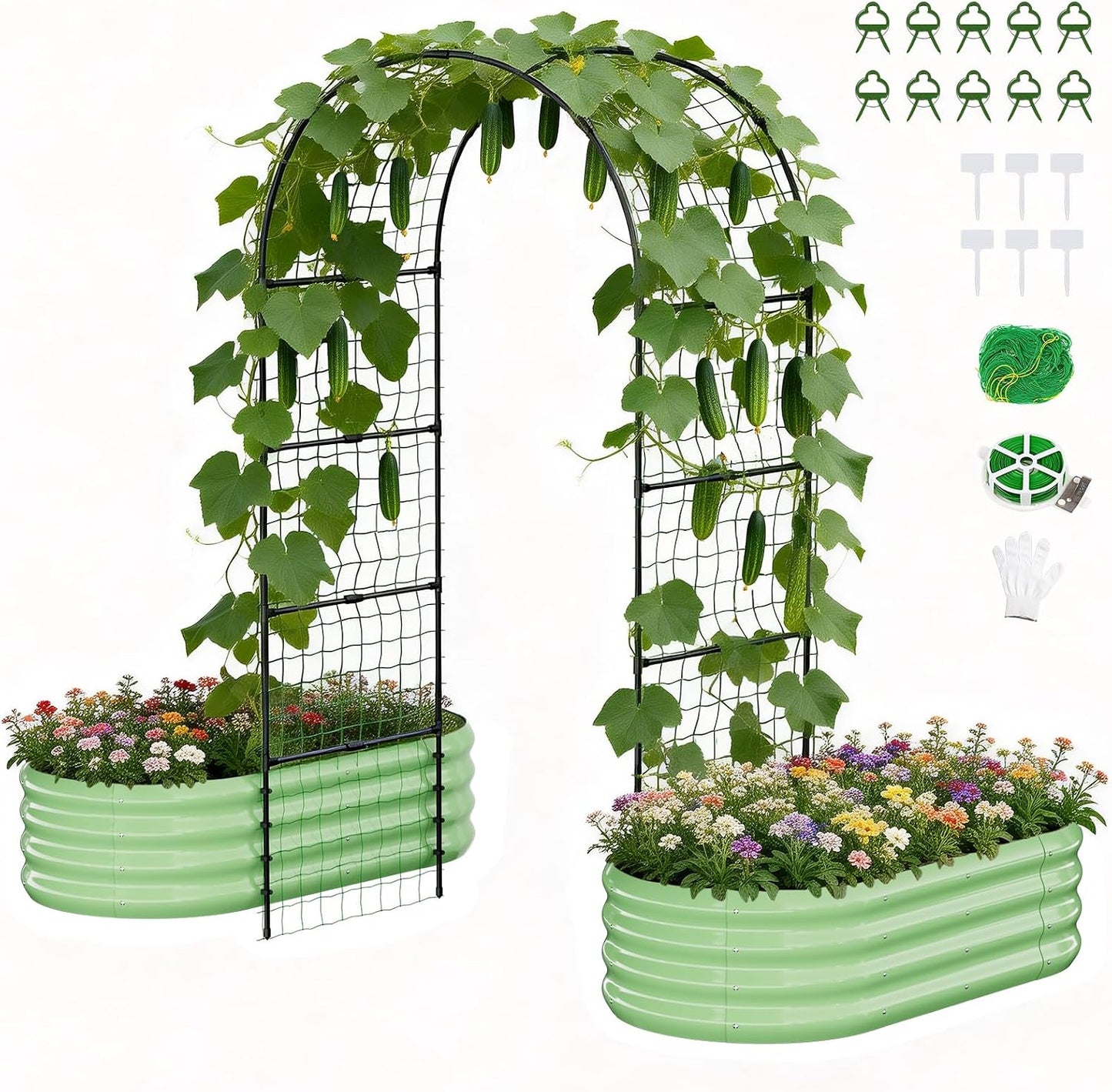 3 in 1 Galvanized Raised Garden Bed with 87" H Arch Trellis