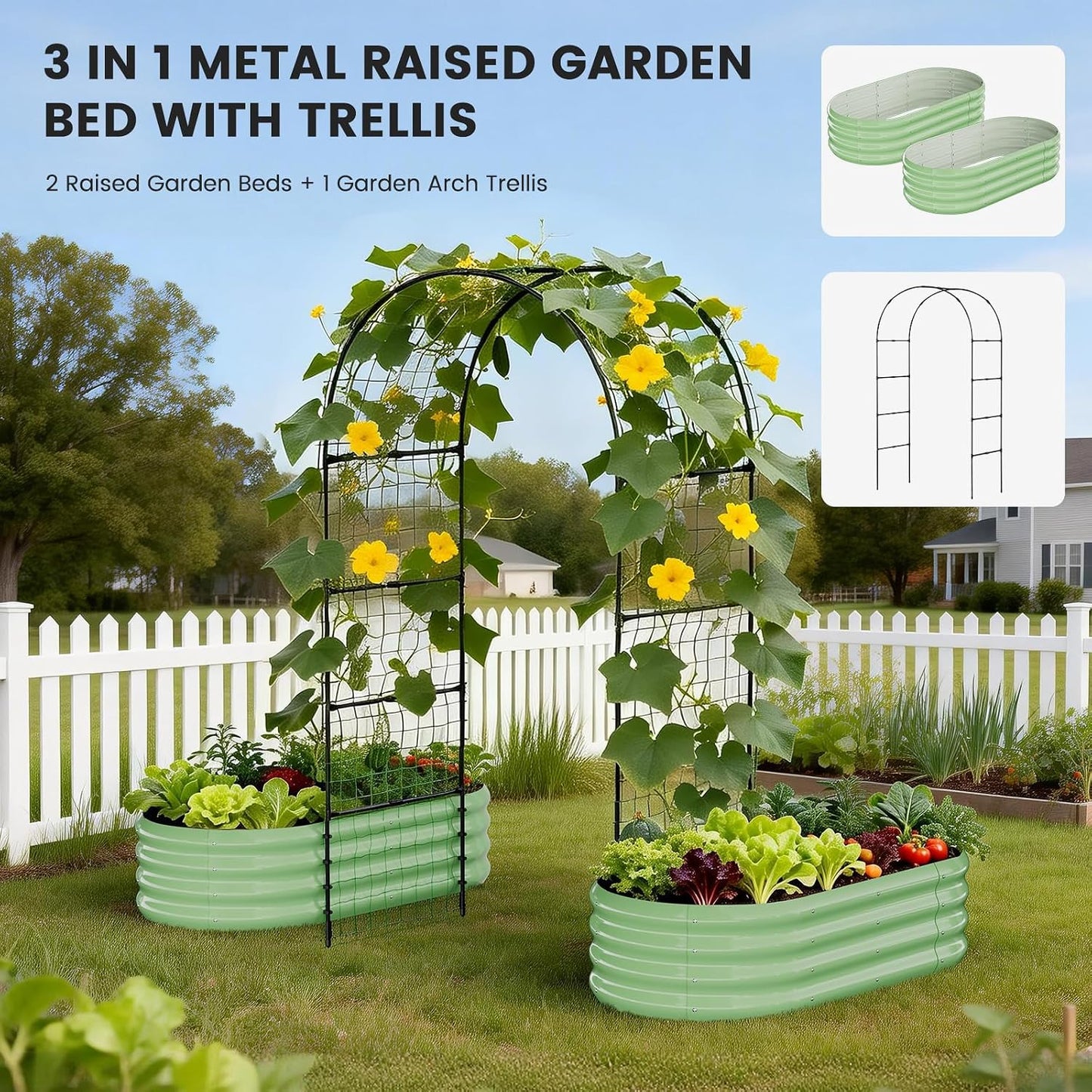 3 in 1 Galvanized Raised Garden Bed with 87" H Arch Trellis