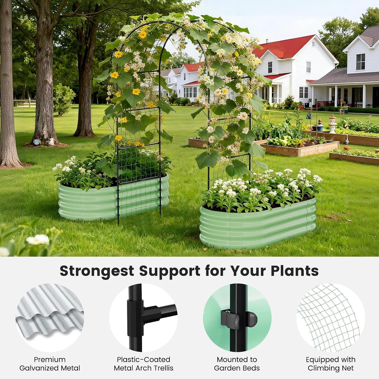 3 in 1 Galvanized Raised Garden Bed with 87" H Arch Trellis