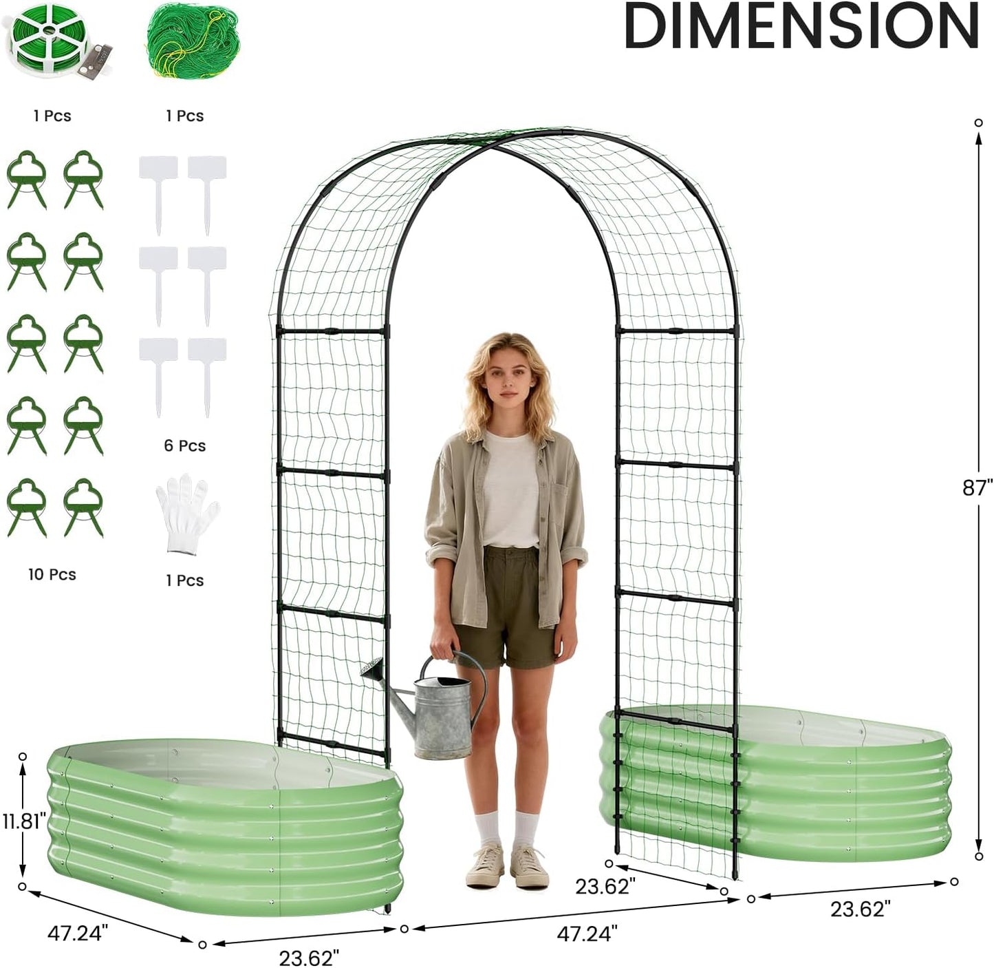 3 in 1 Galvanized Raised Garden Bed with 87" H Arch Trellis