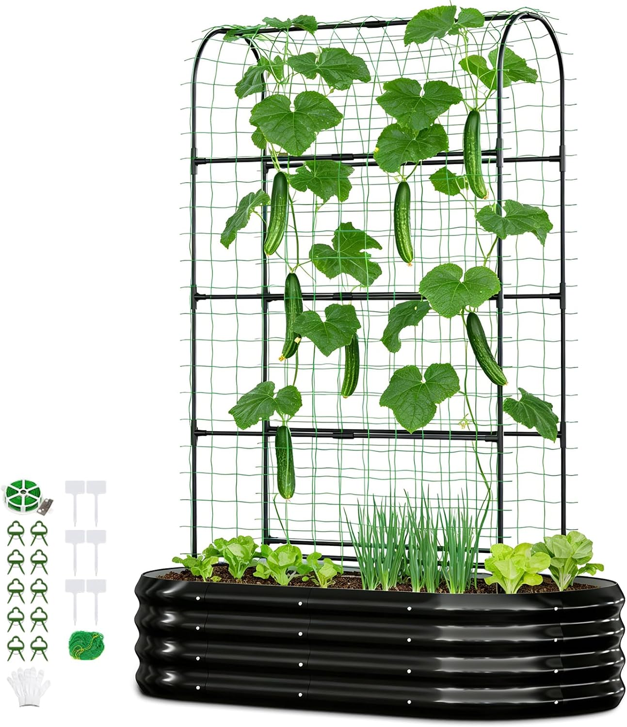 3 in 1 Galvanized Raised Garden Bed with 87" H Arch Trellis