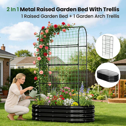3 in 1 Galvanized Raised Garden Bed with 87" H Arch Trellis