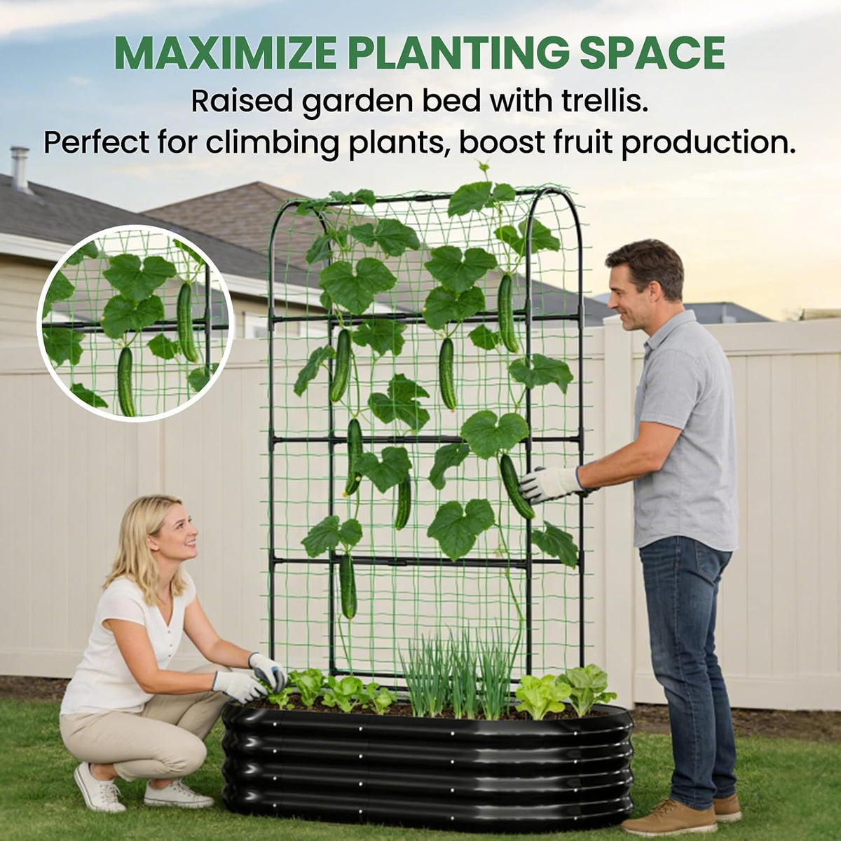 3 in 1 Galvanized Raised Garden Bed with 87" H Arch Trellis