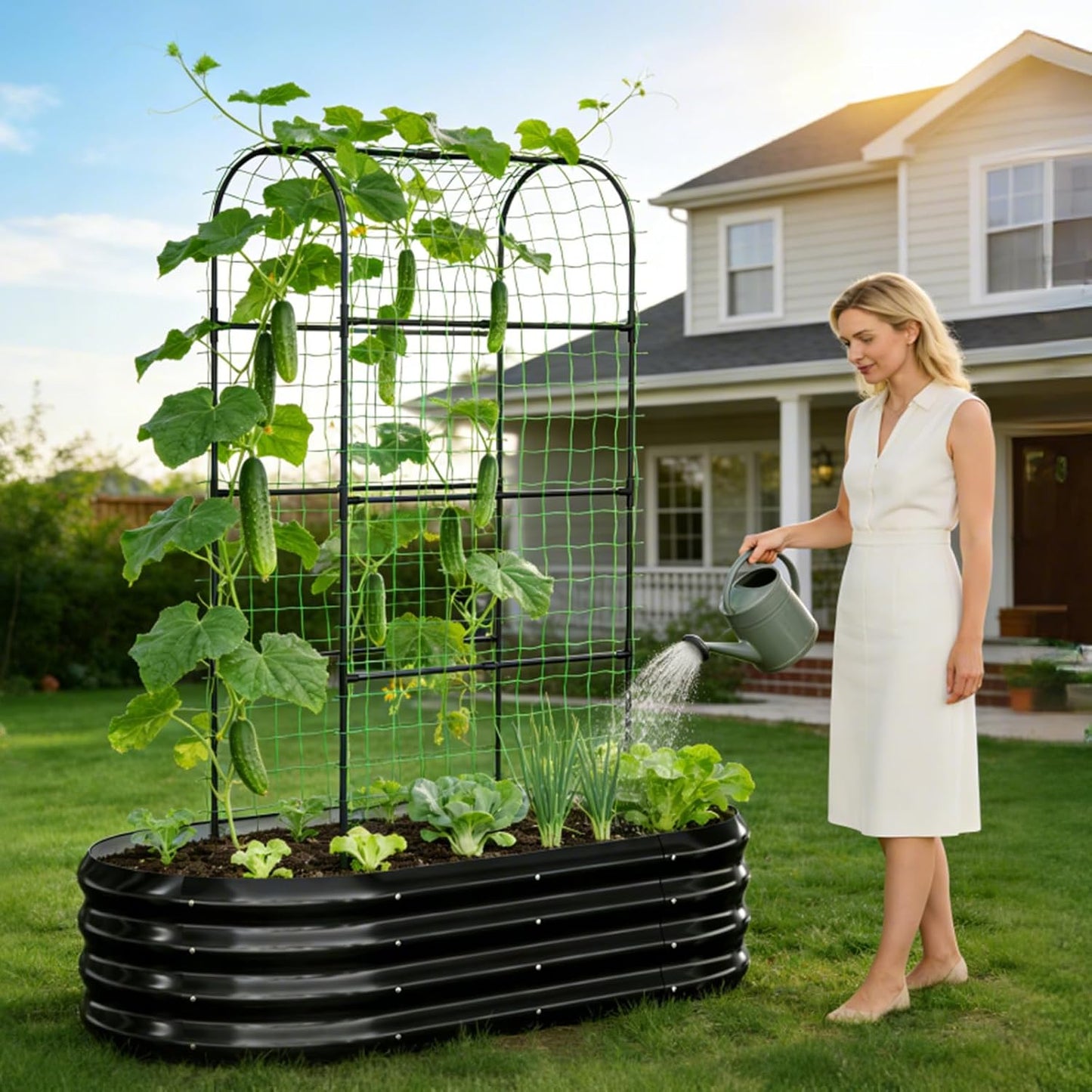 3 in 1 Galvanized Raised Garden Bed with 87" H Arch Trellis