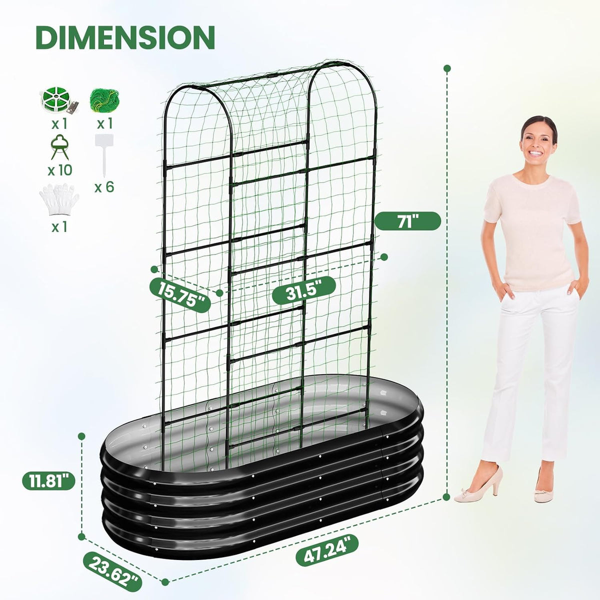 3 in 1 Galvanized Raised Garden Bed with 87" H Arch Trellis