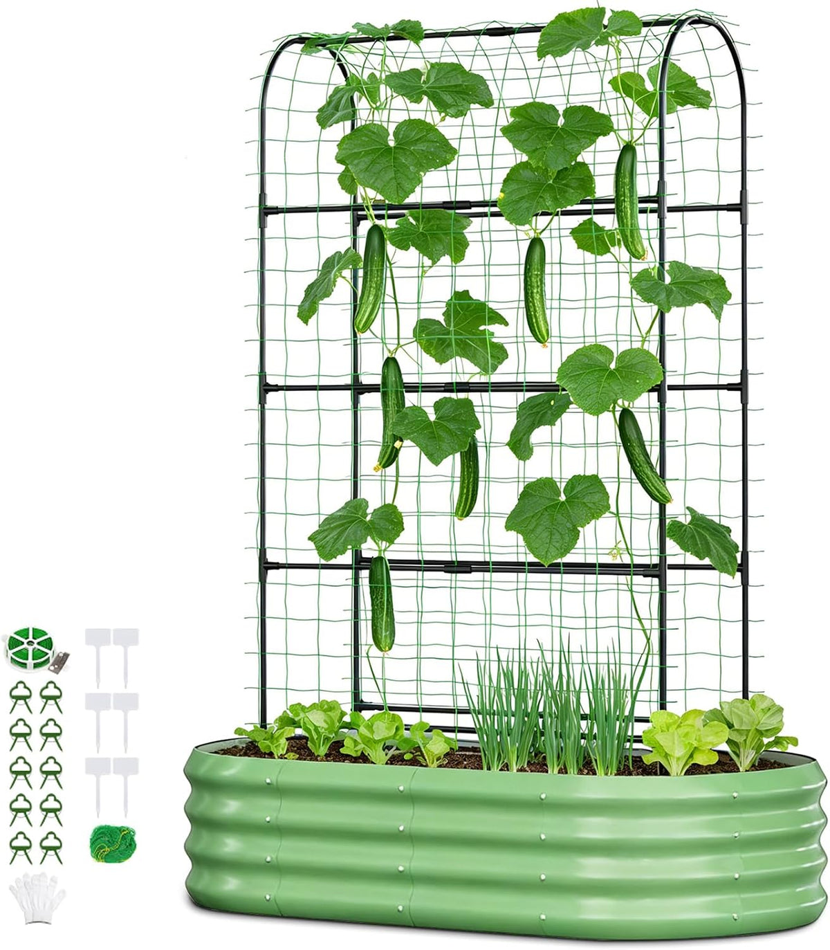 3 in 1 Galvanized Raised Garden Bed with 87" H Arch Trellis