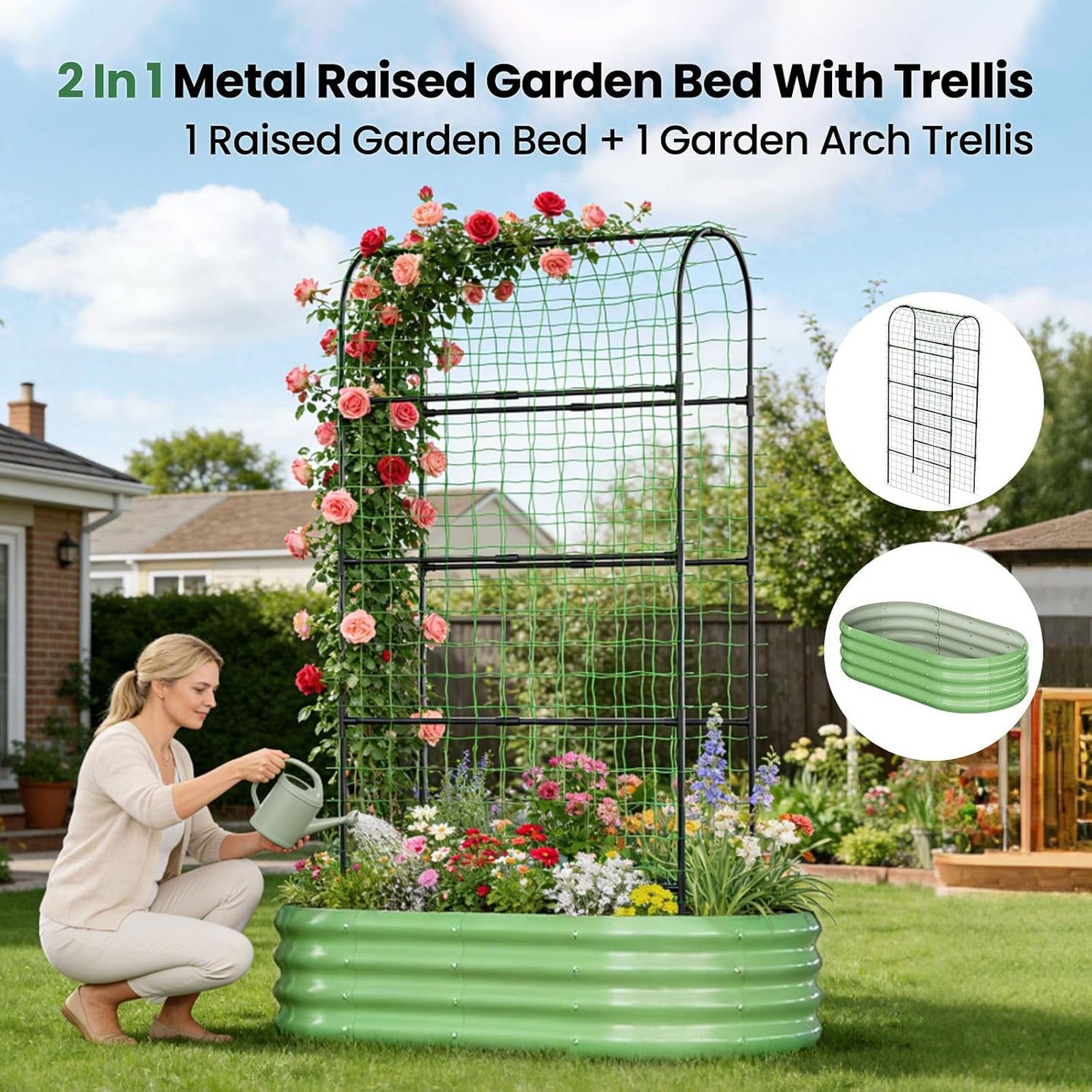 3 in 1 Galvanized Raised Garden Bed with 87" H Arch Trellis