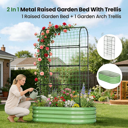 3 in 1 Galvanized Raised Garden Bed with 87" H Arch Trellis