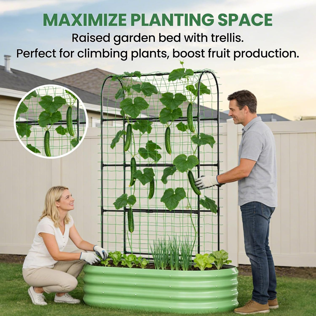 3 in 1 Galvanized Raised Garden Bed with 87" H Arch Trellis