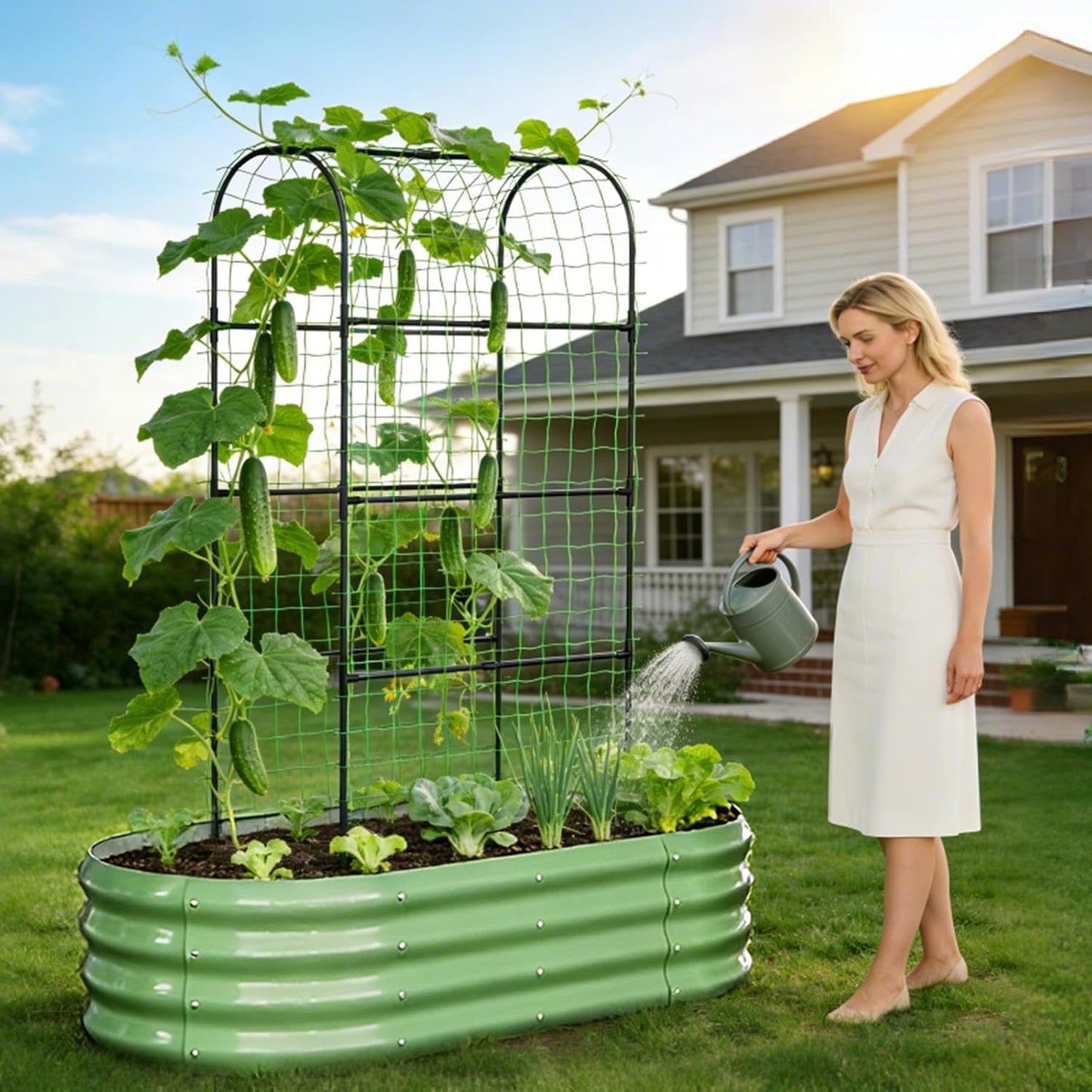 3 in 1 Galvanized Raised Garden Bed with 87" H Arch Trellis
