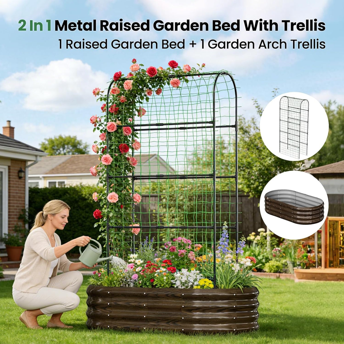 3 in 1 Galvanized Raised Garden Bed with 87" H Arch Trellis