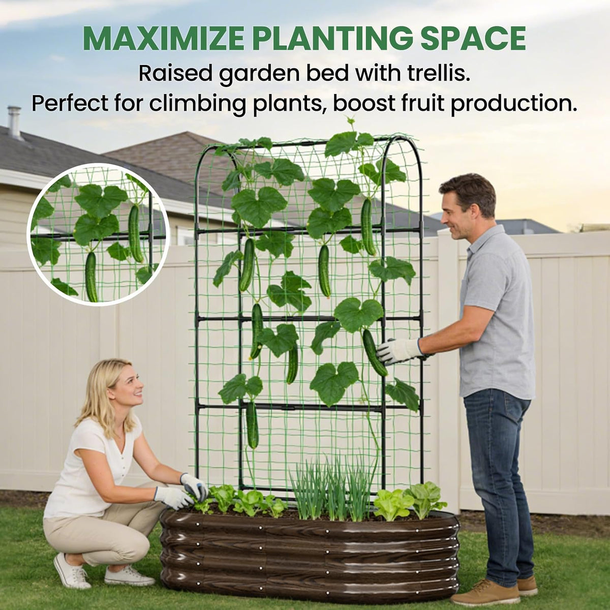 3 in 1 Galvanized Raised Garden Bed with 87" H Arch Trellis