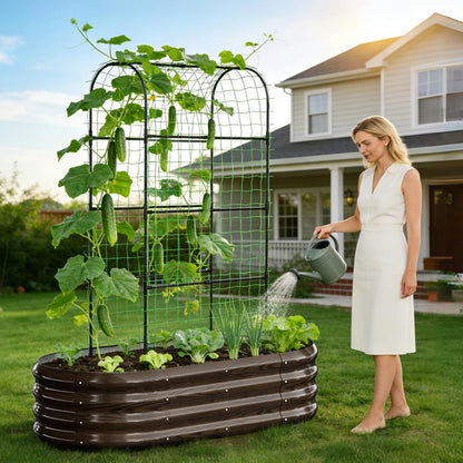 3 in 1 Galvanized Raised Garden Bed with 87" H Arch Trellis