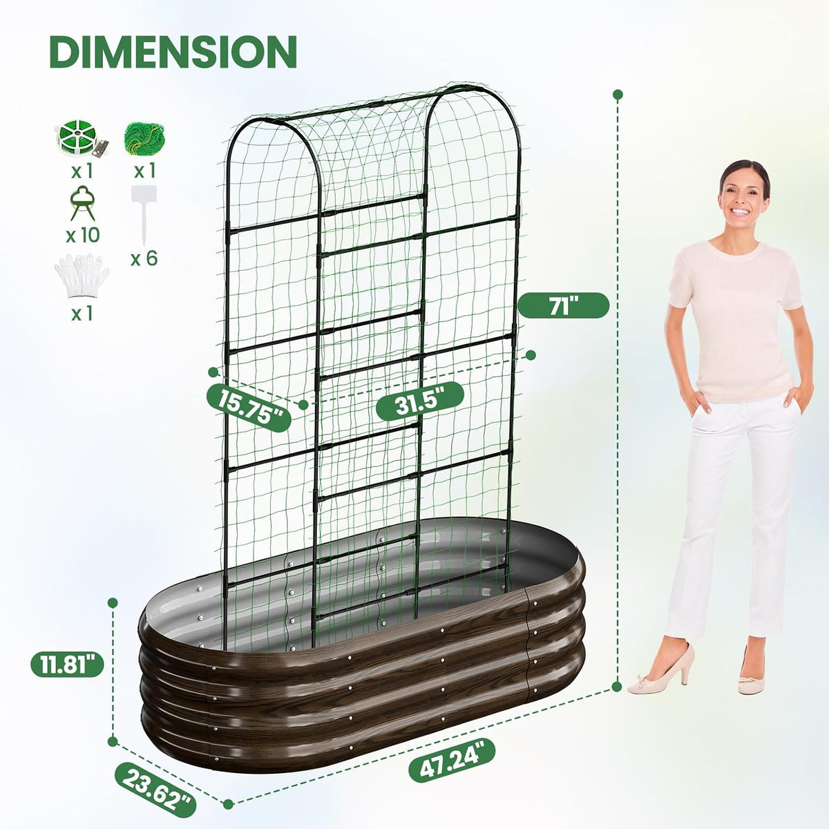 3 in 1 Galvanized Raised Garden Bed with 87" H Arch Trellis