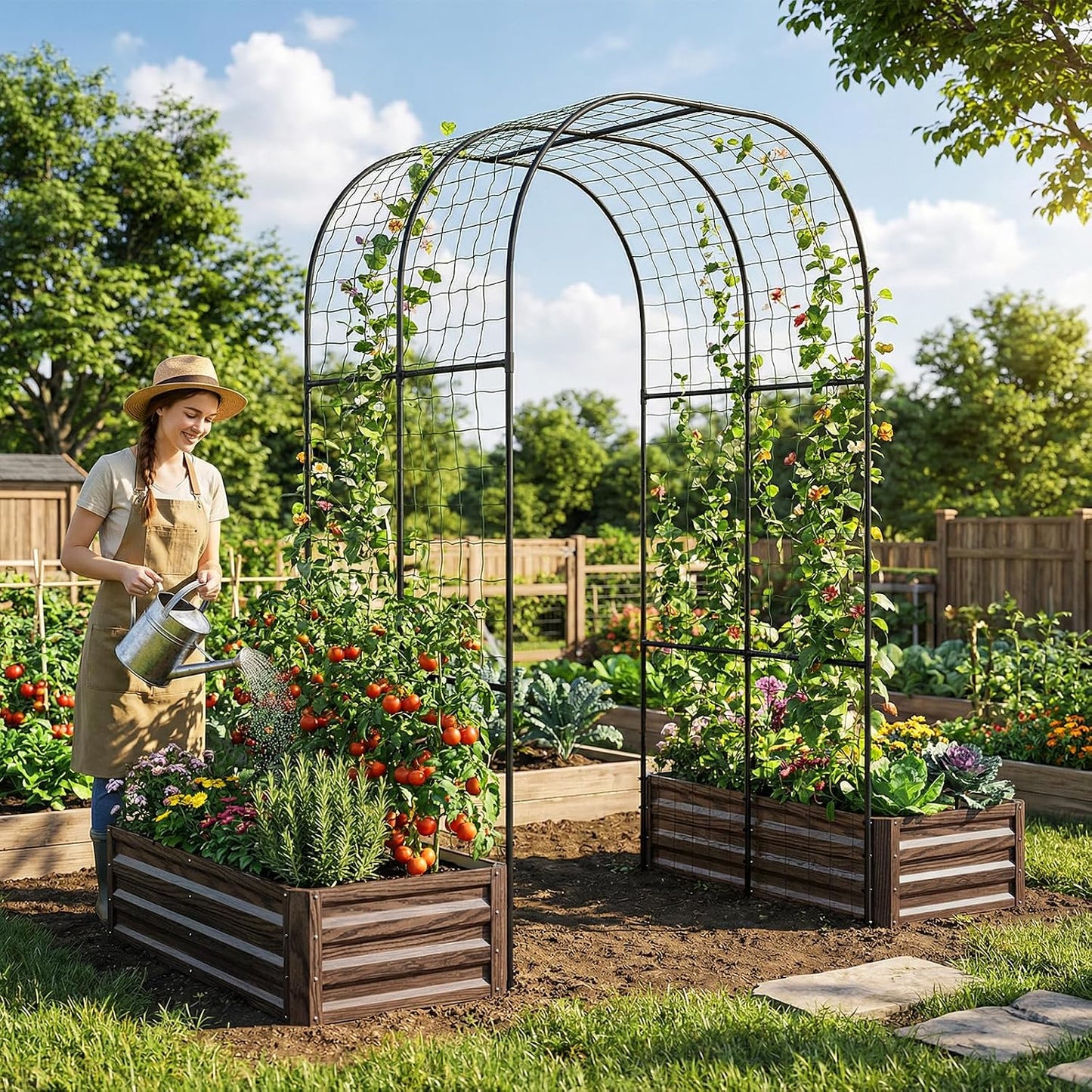 3 in 1 Galvanized Raised Garden Bed with 87" H Arch Trellis