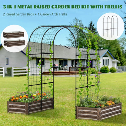 3 in 1 Galvanized Raised Garden Bed with 87" H Arch Trellis