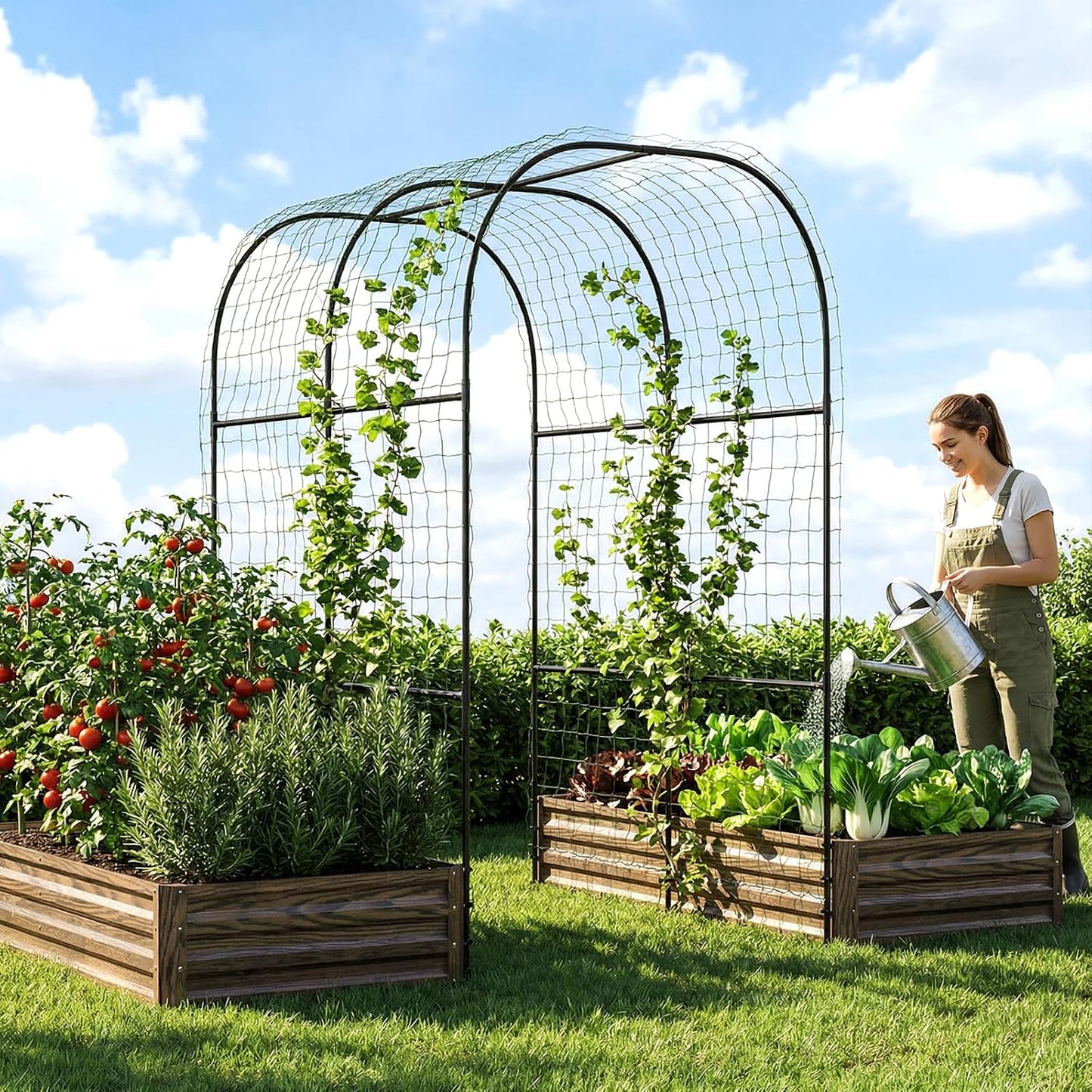 3 in 1 Galvanized Raised Garden Bed with 87" H Arch Trellis