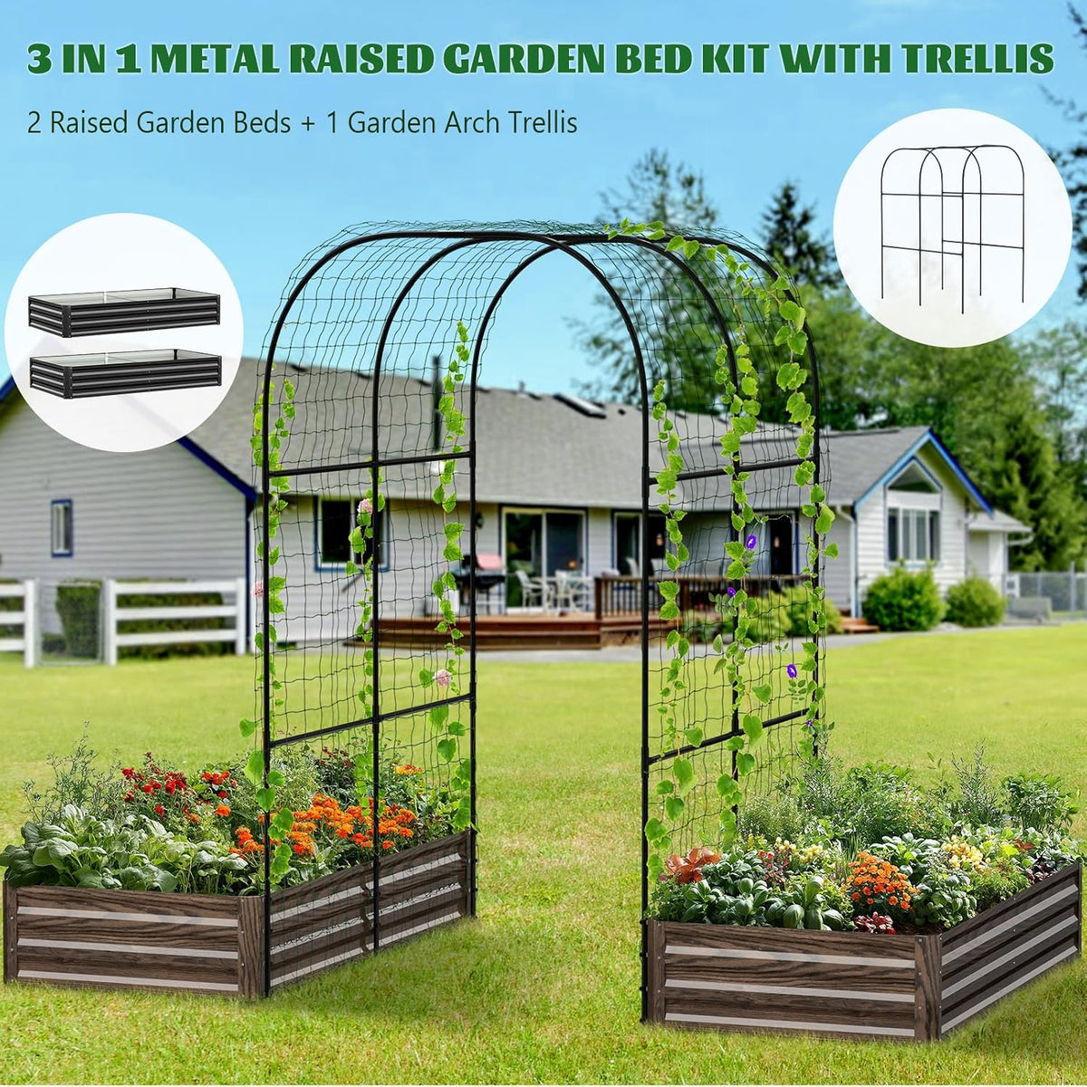 3 in 1 Galvanized Raised Garden Bed with 87" H Arch Trellis