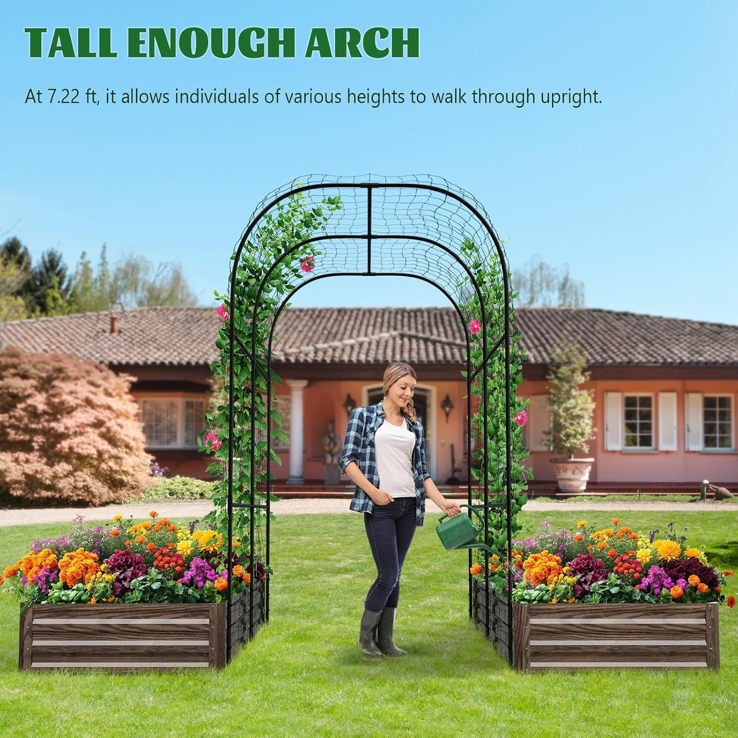 3 in 1 Galvanized Raised Garden Bed with 87" H Arch Trellis