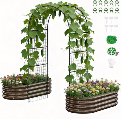 3 in 1 Galvanized Raised Garden Bed with 87" H Arch Trellis