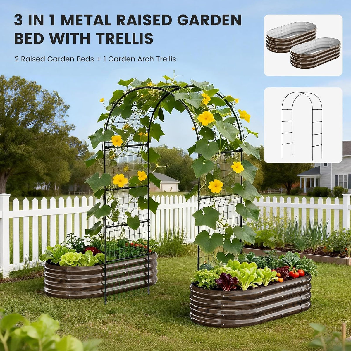3 in 1 Galvanized Raised Garden Bed with 87" H Arch Trellis