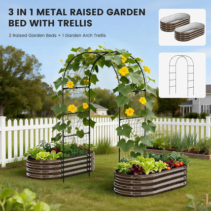 3 in 1 Galvanized Raised Garden Bed with 87" H Arch Trellis