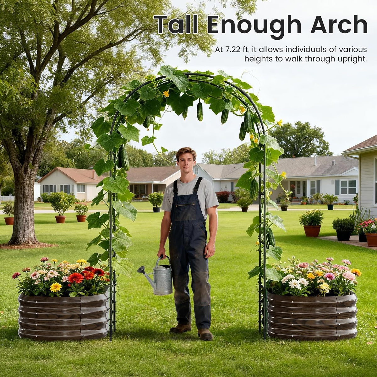 3 in 1 Galvanized Raised Garden Bed with 87" H Arch Trellis