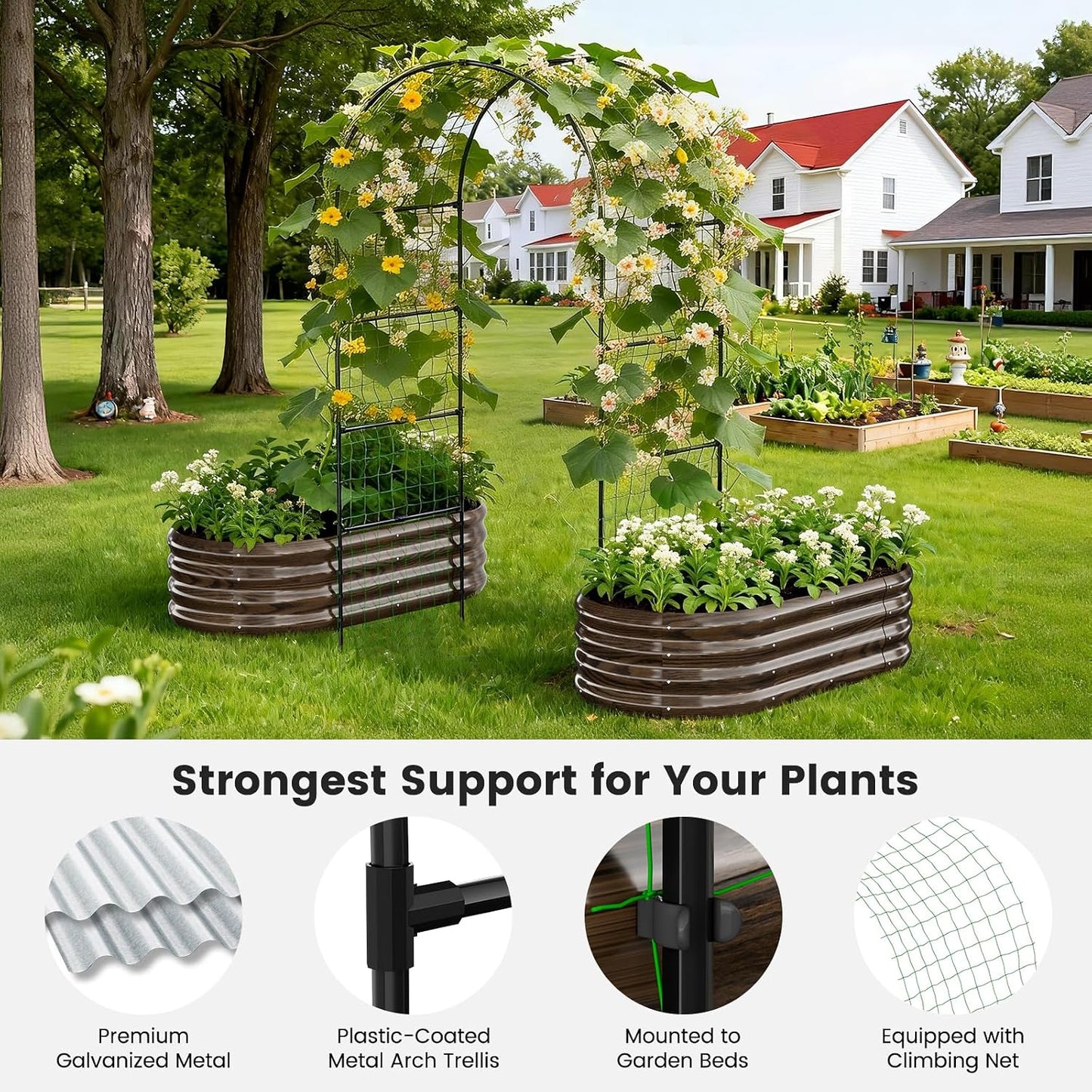 3 in 1 Galvanized Raised Garden Bed with 87" H Arch Trellis