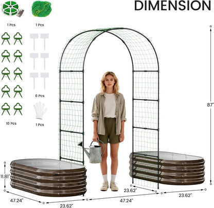 3 in 1 Galvanized Raised Garden Bed with 87" H Arch Trellis