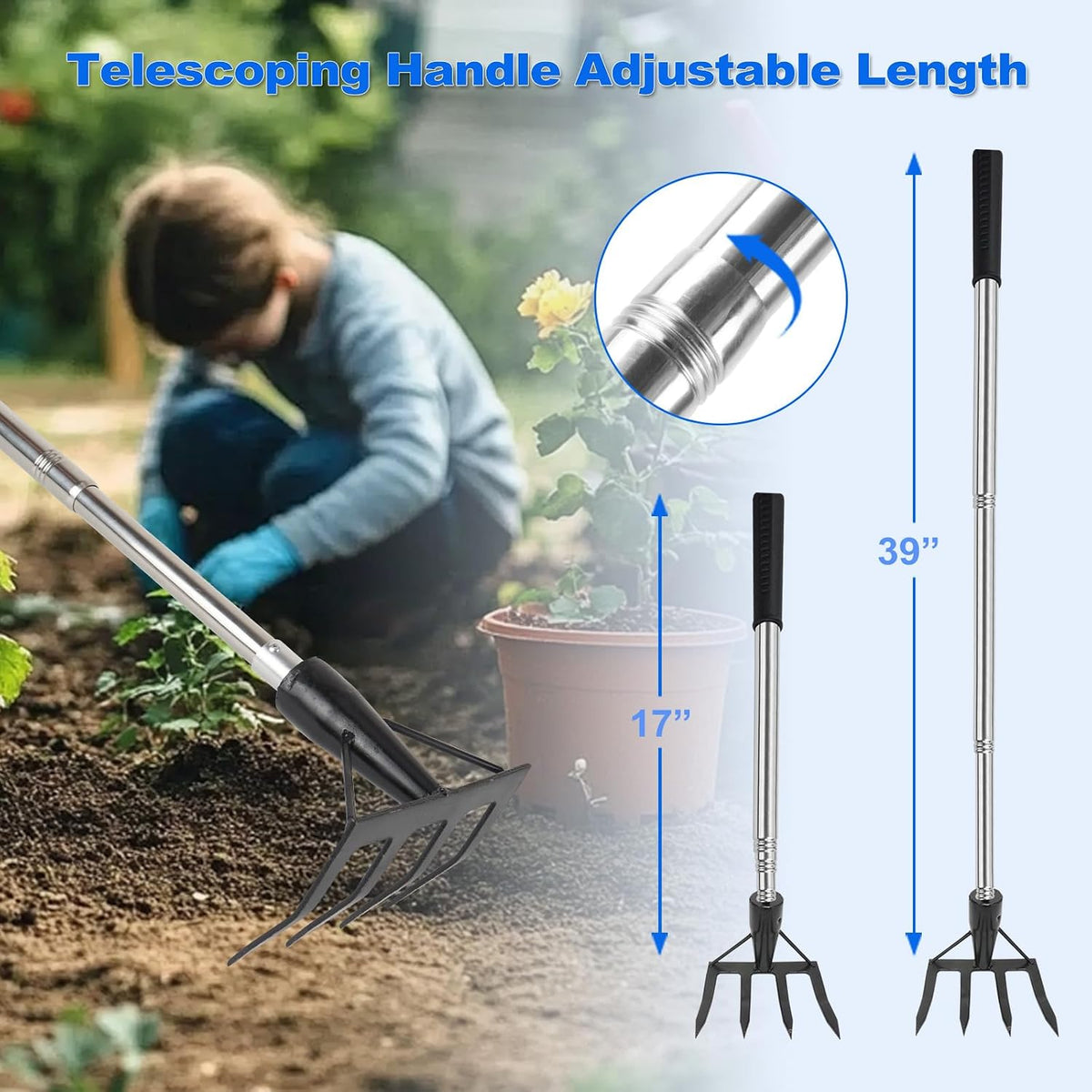 Small Garden Rake Hand Weed Remover Long Handle Tilling Soil Tool