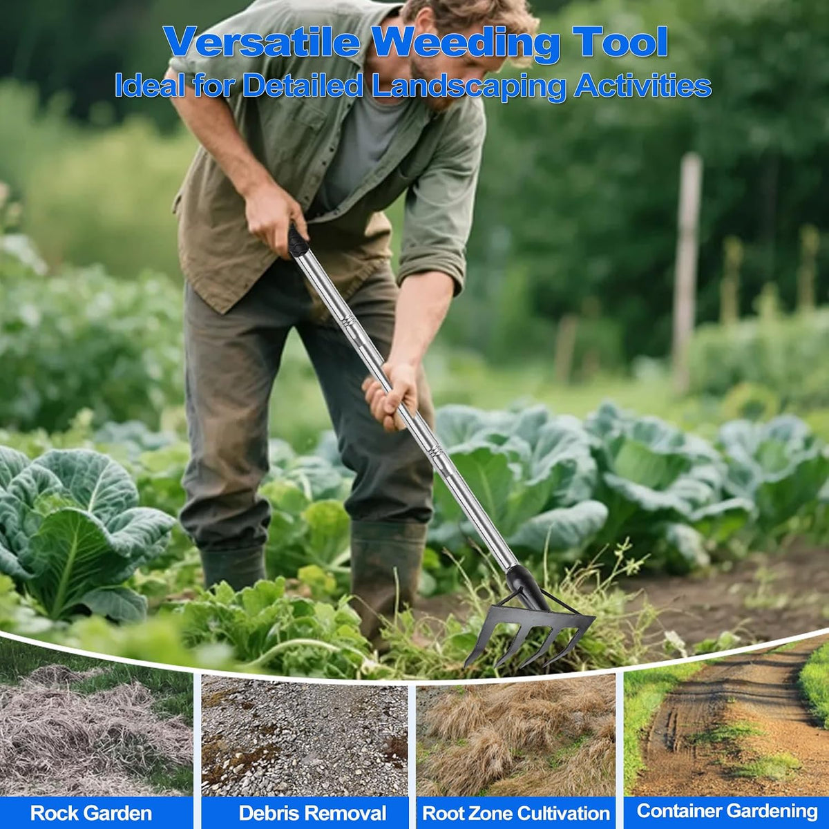 Small Garden Rake Hand Weed Remover Long Handle Tilling Soil Tool