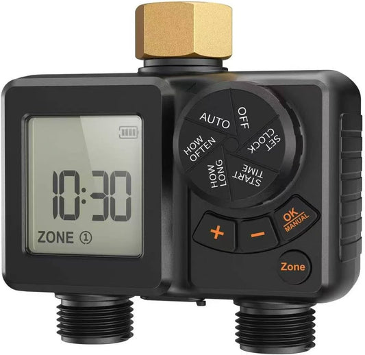 Sprinkler Timer 2 Zone,Water Timer for Garden Hose with Lithium Battery Hose Timers with Brass Inlet, Delay/Manual/Automatic Sprinkler Controller for Yard, Lawn,Garden IPX6 Waterproof