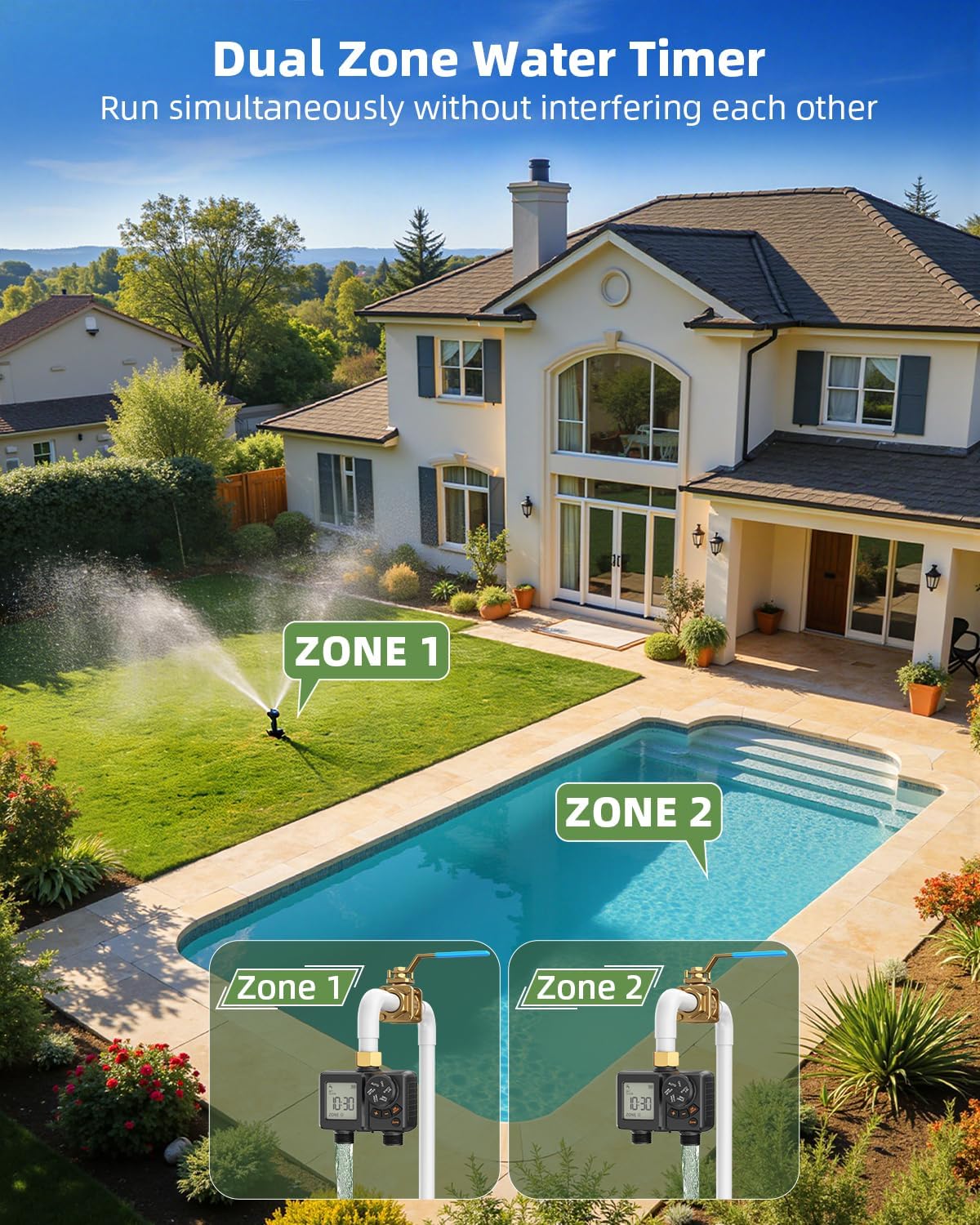 Sprinkler Timer 2 Zone,Water Timer for Garden Hose with Lithium Battery Hose Timers with Brass Inlet, Delay/Manual/Automatic Sprinkler Controller for Yard, Lawn,Garden IPX6 Waterproof