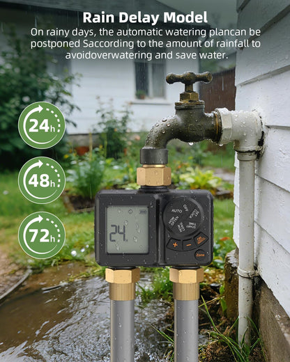 Sprinkler Timer 2 Zone,Water Timer for Garden Hose with Lithium Battery Hose Timers with Brass Inlet, Delay/Manual/Automatic Sprinkler Controller for Yard, Lawn,Garden IPX6 Waterproof