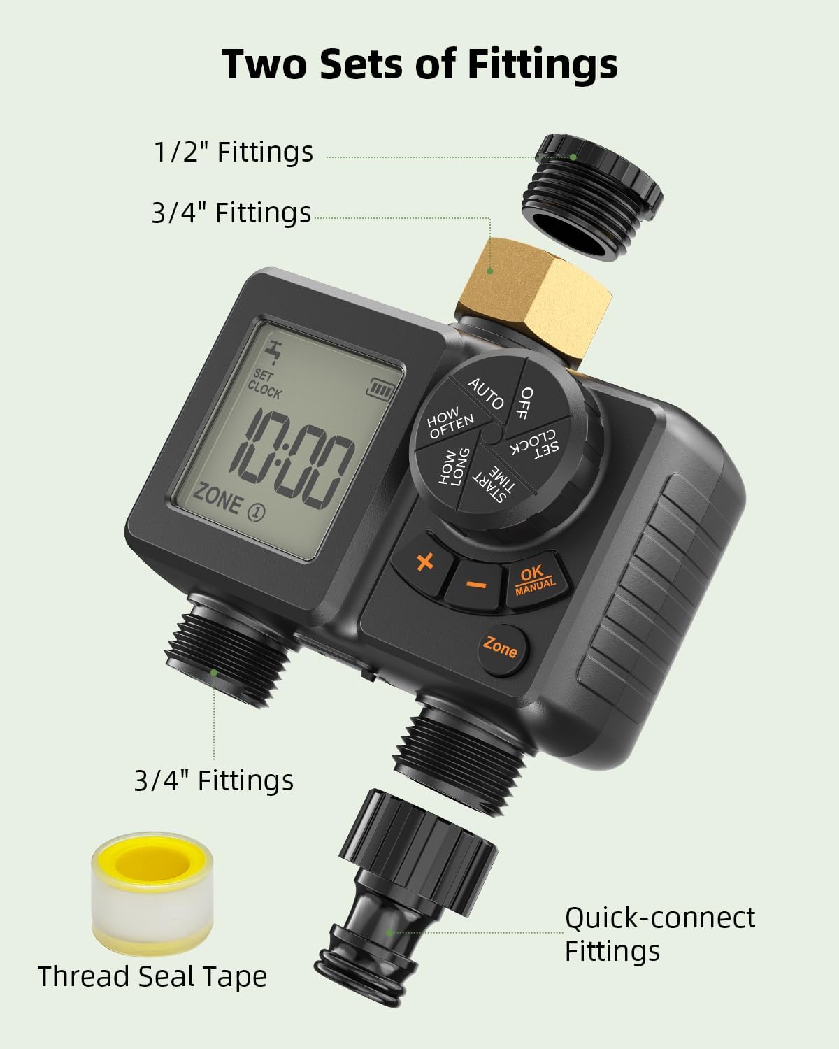 Sprinkler Timer 2 Zone,Water Timer for Garden Hose with Lithium Battery Hose Timers with Brass Inlet, Delay/Manual/Automatic Sprinkler Controller for Yard, Lawn,Garden IPX6 Waterproof