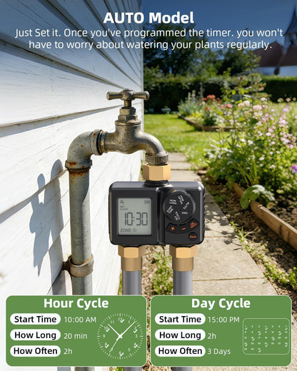 Sprinkler Timer 2 Zone,Water Timer for Garden Hose with Lithium Battery Hose Timers with Brass Inlet, Delay/Manual/Automatic Sprinkler Controller for Yard, Lawn,Garden IPX6 Waterproof