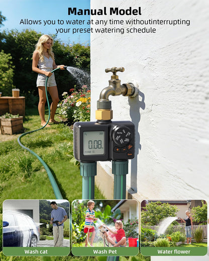Sprinkler Timer 2 Zone,Water Timer for Garden Hose with Lithium Battery Hose Timers with Brass Inlet, Delay/Manual/Automatic Sprinkler Controller for Yard, Lawn,Garden IPX6 Waterproof